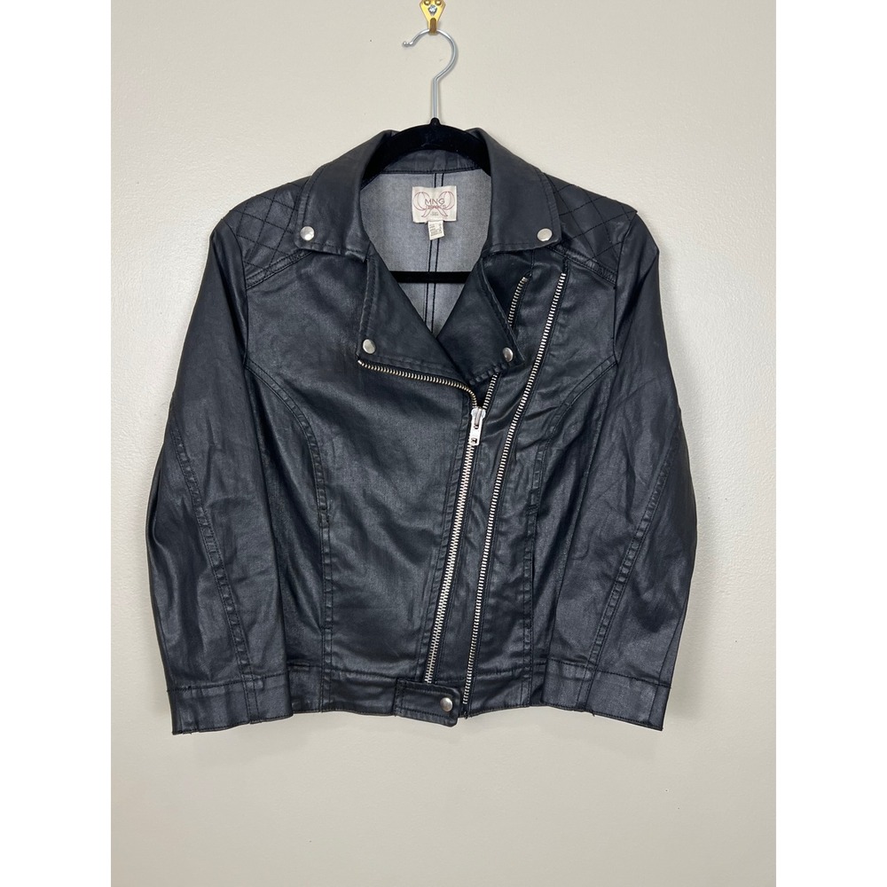 MNG Jeans Womens Black Coated Denim Moto Jacket Quilted Shoulder Asymmetrical‎ M